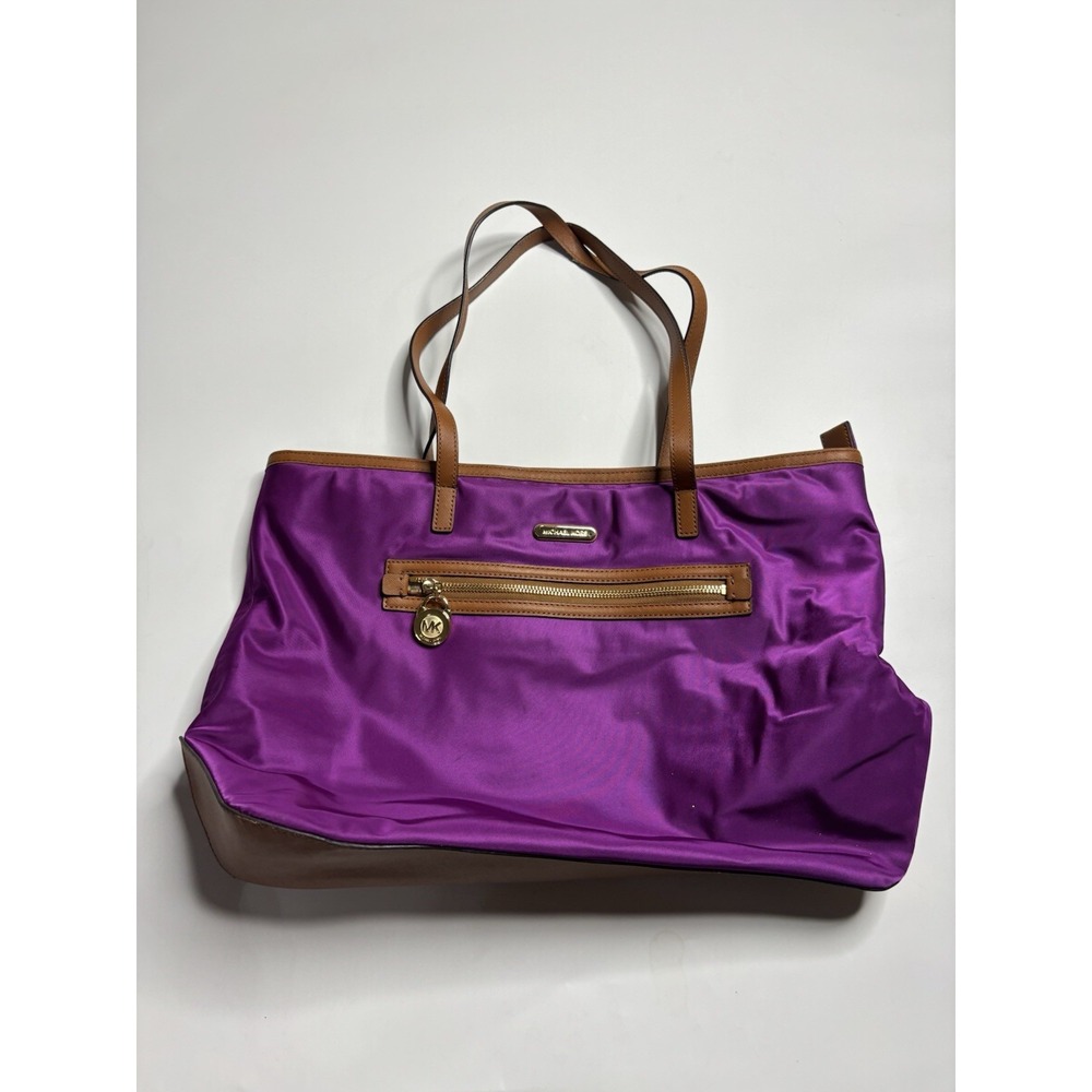 Michael Kors Kempton Purple Brown Nylon Leather Tote Beach Bag Measure-17x11"
